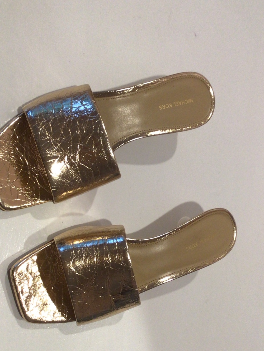 Michael Kors Collection Cracked Metallic Rose Gold Slide Sandals
